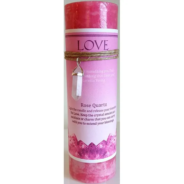 Love pillar candle with Rose Quartz pendant