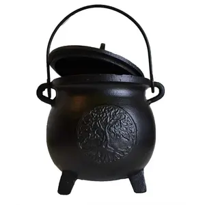 6" Tree of Life cast iron cauldron w/ lid