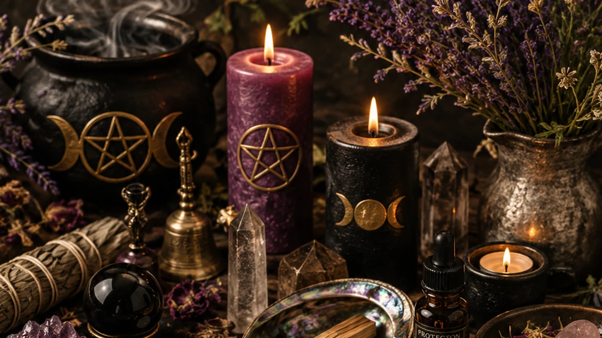 Candles, crystals and dried lavender arranged on an altar