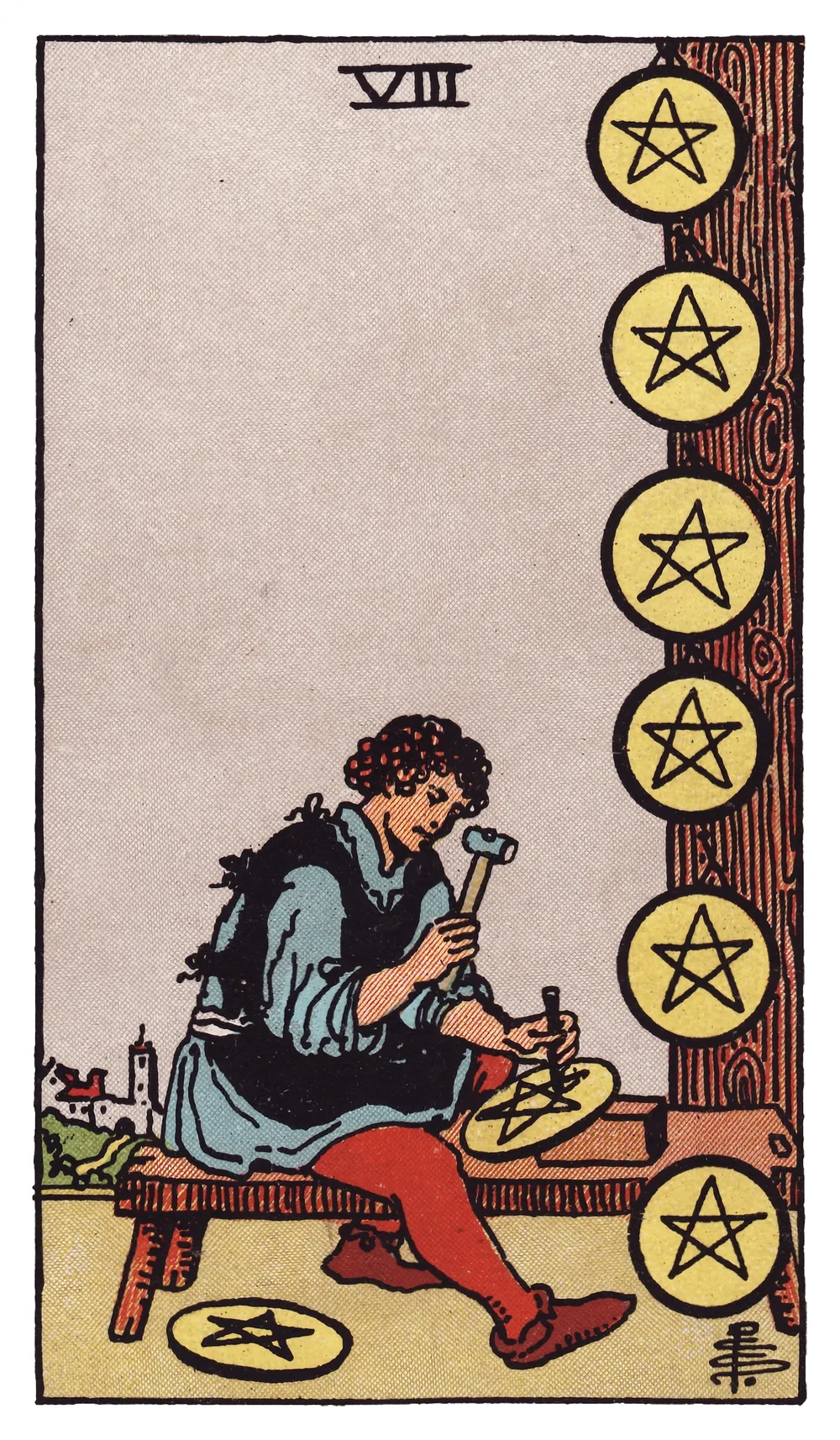 The Eight of Pentacles card from the Rider-Waite-Smith tarot