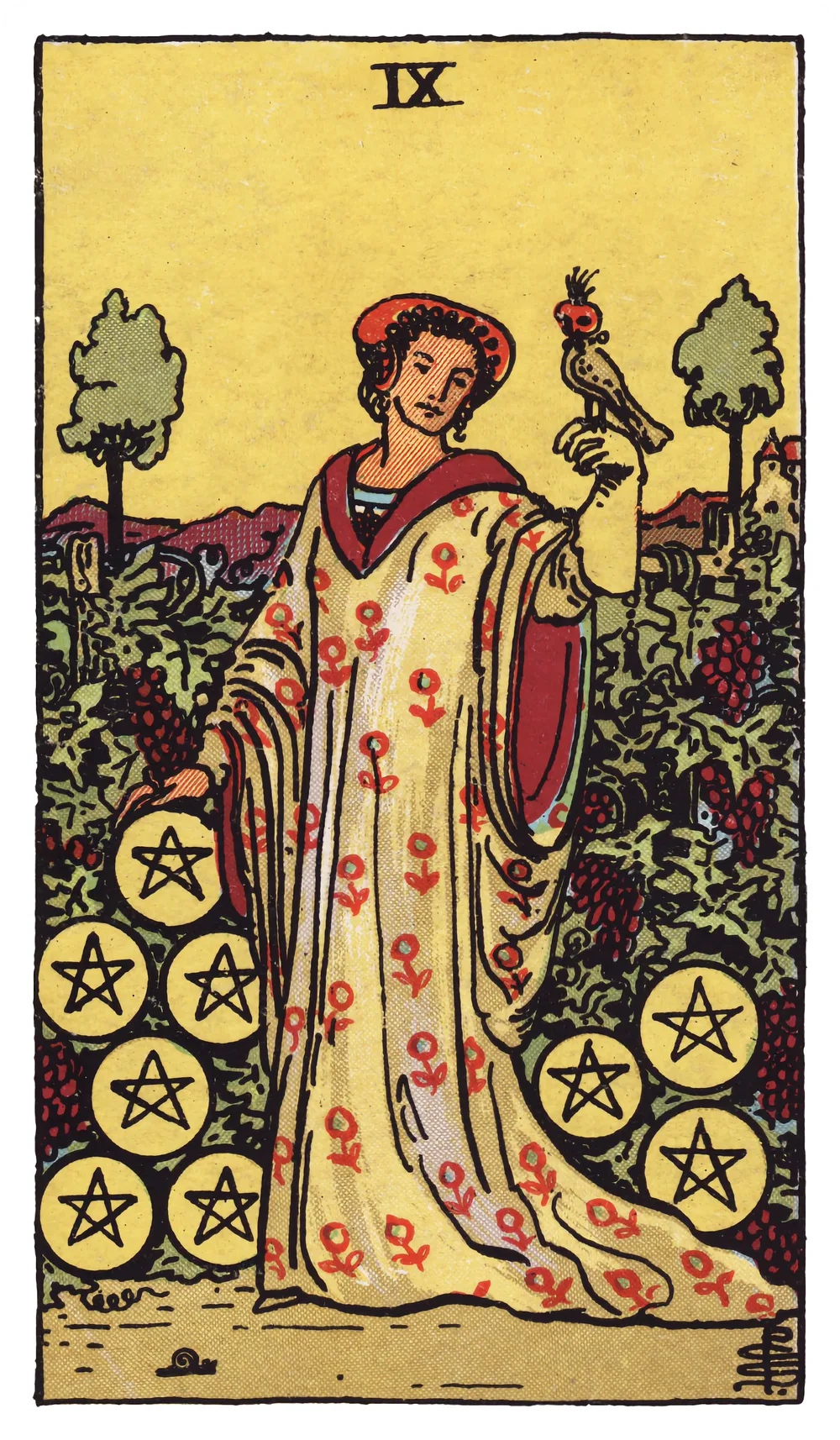 The Nine of Pentacles card from the Rider-Waite-Smith tarot