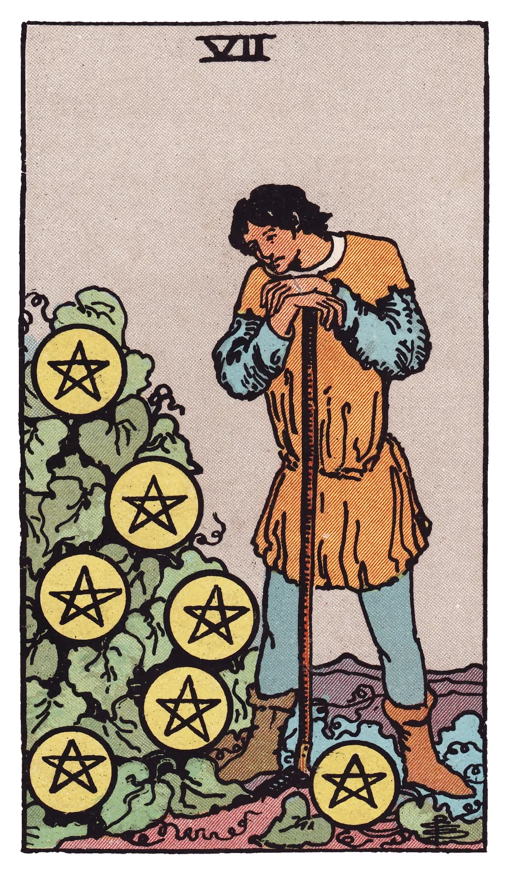 The Seven of Pentacles card from the Rider-Waite-Smith tarot